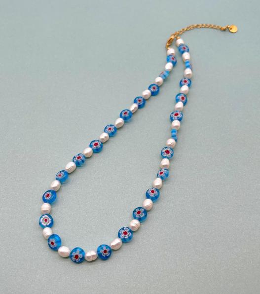 FLOWER BEADS MIX PEARL NECKLACE ブルー  (ON-NE-0136)